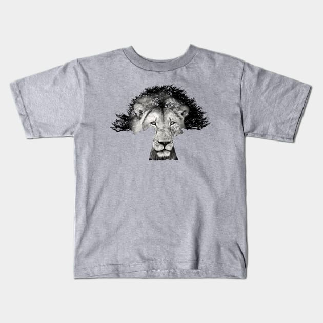 Baobab in Silhouette with Lion Face Overlay Kids T-Shirt by scotch